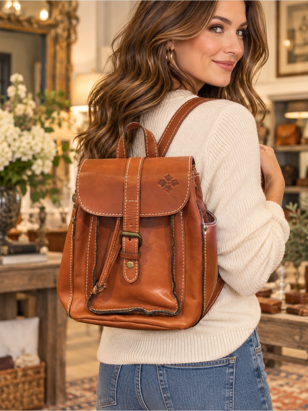 Patricia Nash Cognac Brown Italian Leather Drawstring Backpack